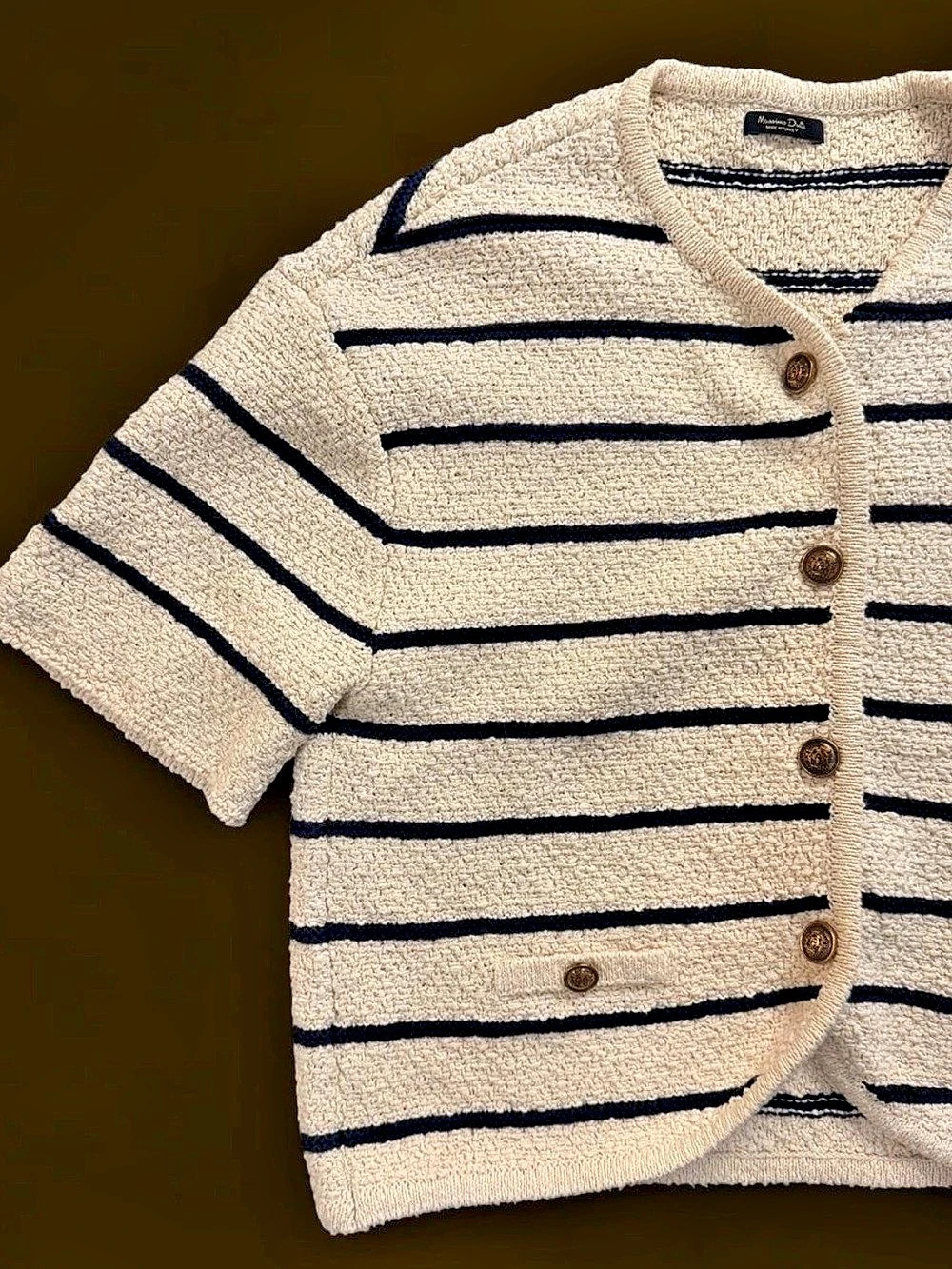 Massimo Dutti Textured Striped Knit Cardigan with Gold Buttons